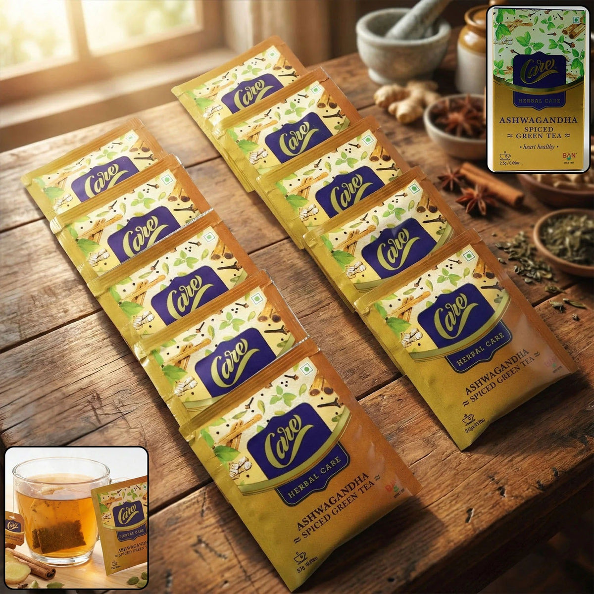 Pack of Ashwagandha Spiced Green Tea featuring aromatic spice blend and green tea leaves Main image