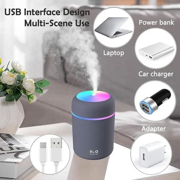 H2O 300ml Ultrasonic Humidifier – Portable Mist Maker with Colorful LED Light for House