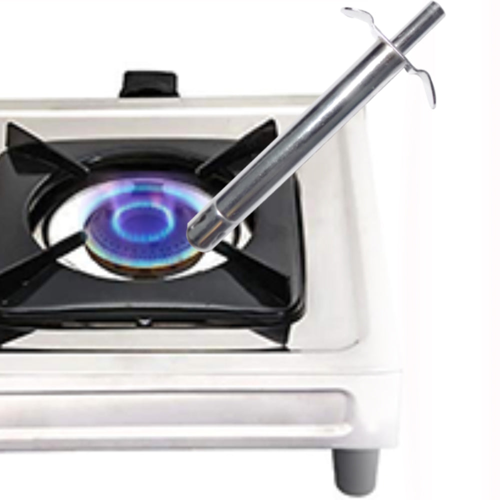 Close-up of a sleek stainless steel electronic gas lighter. Main image