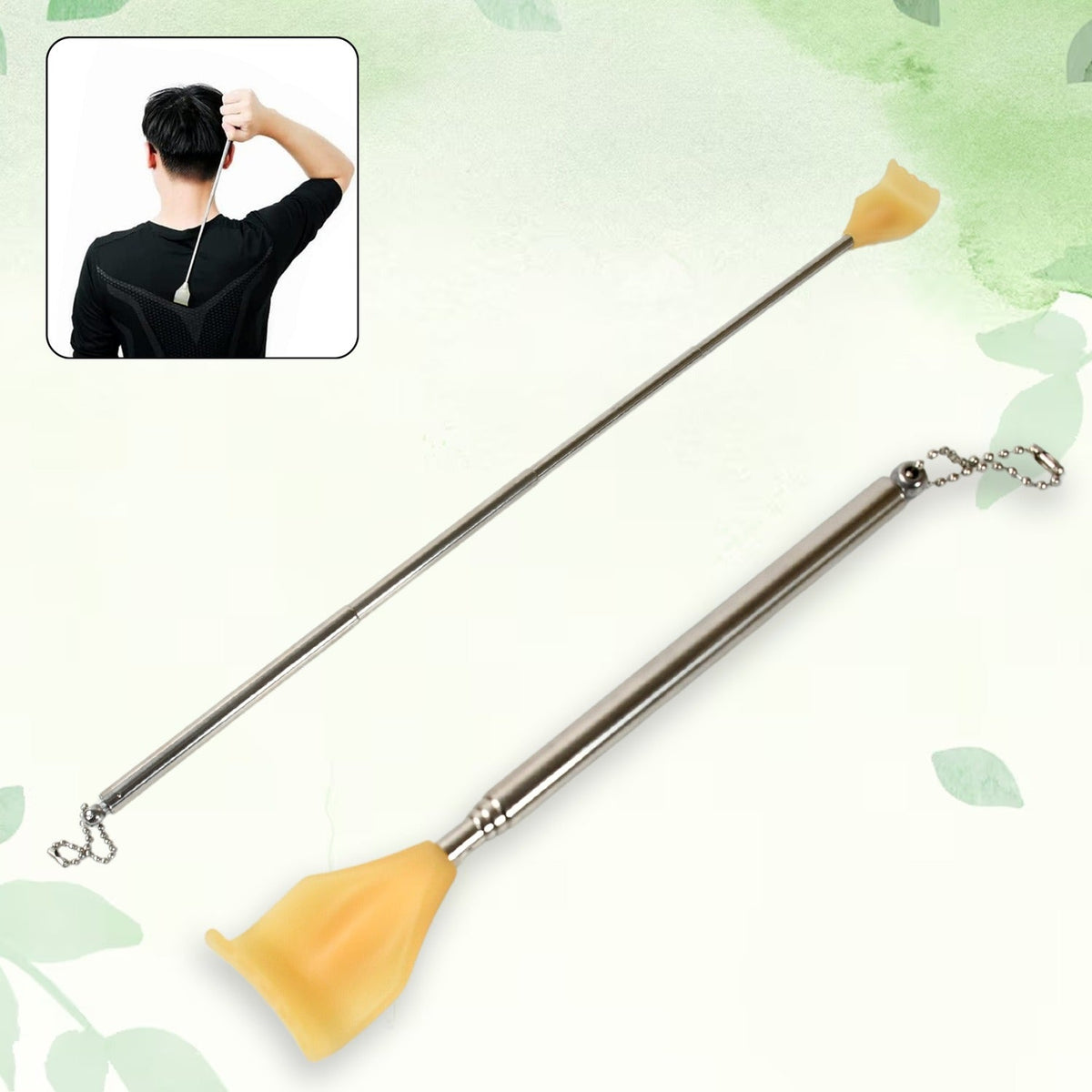 Fully extended stainless steel back scratcher for maximum reach and itch relief. Main image