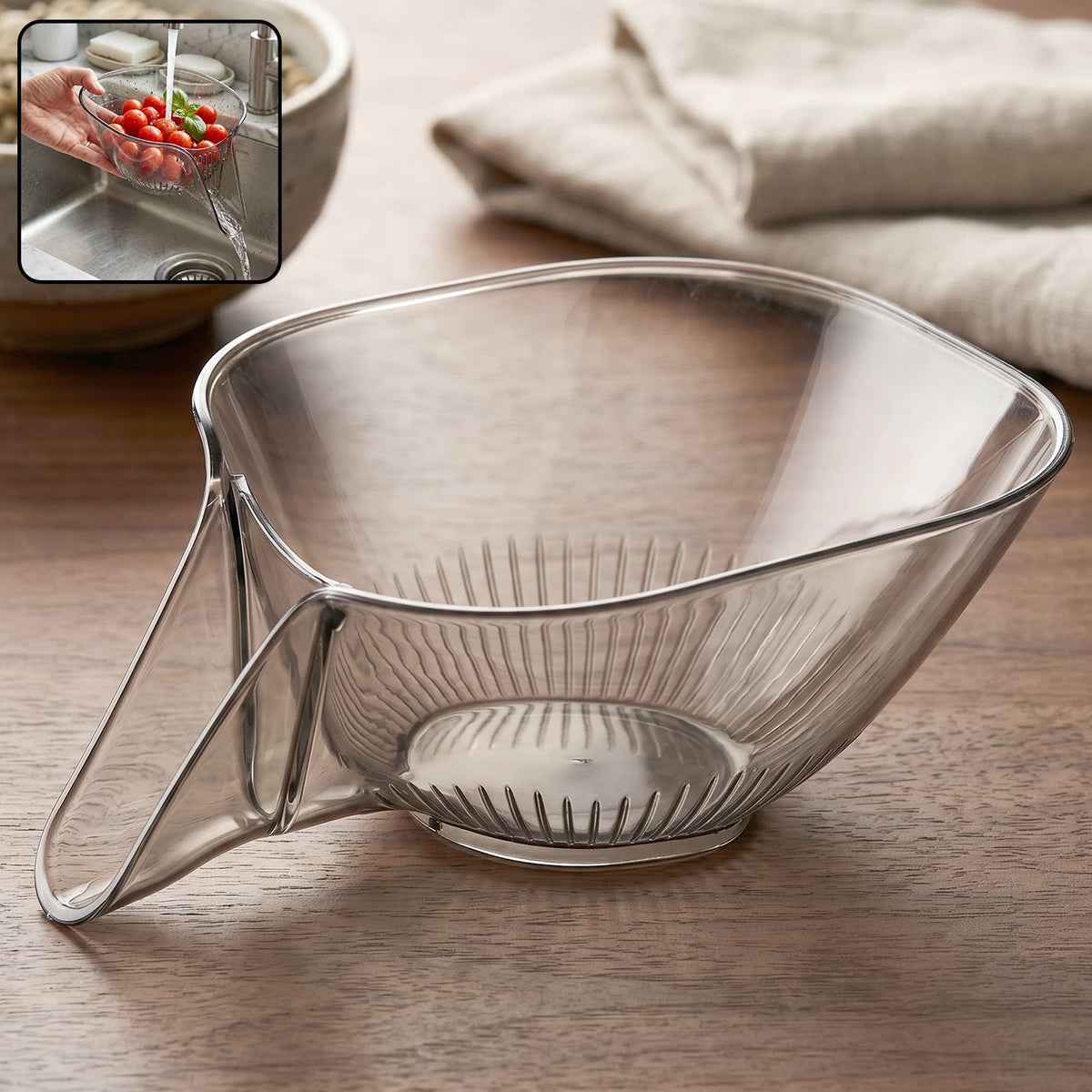 Fruit vegetable washing strainer basket with funnel drain showing quick water drainage Main image