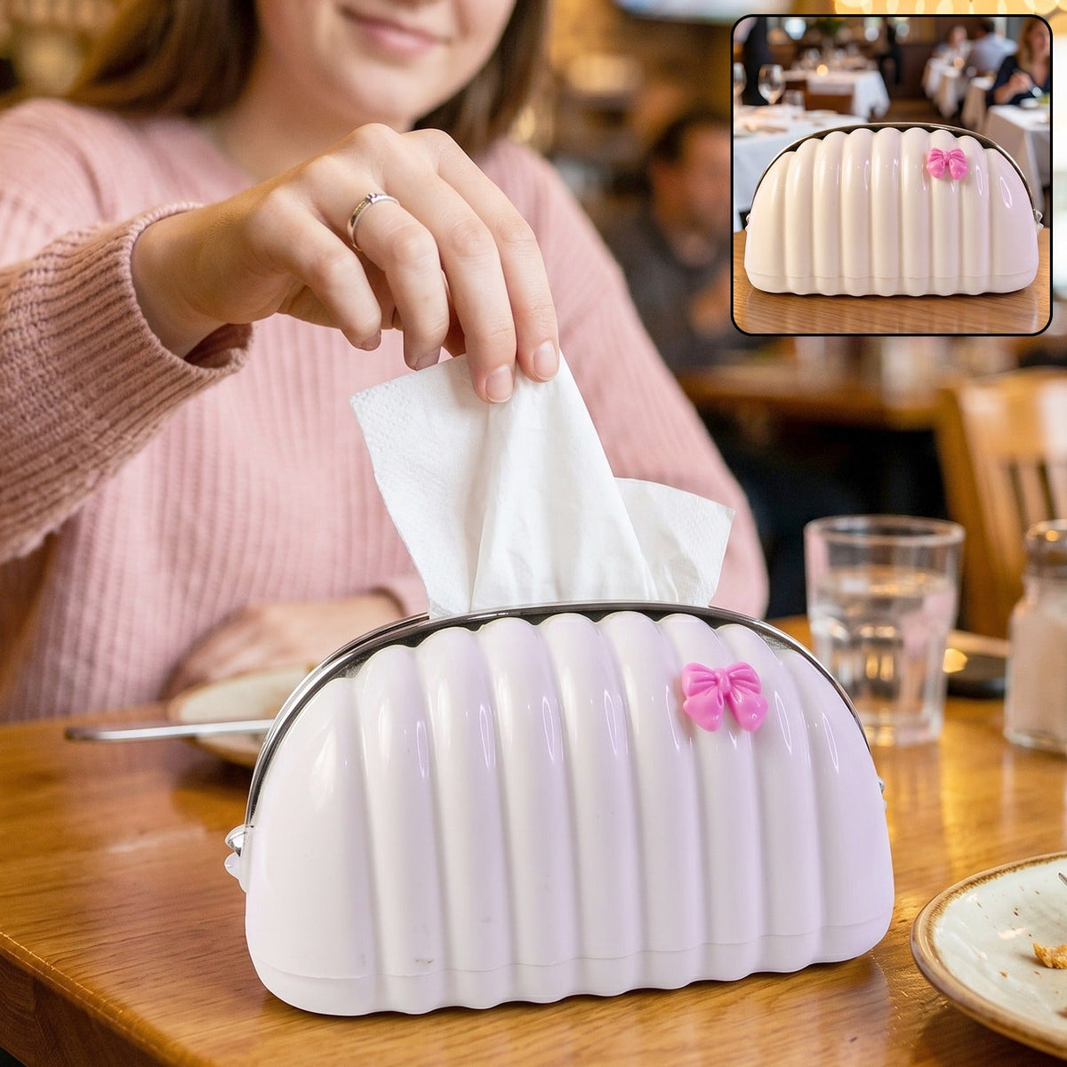 Glossy white shell shape tissue dispenser with pink bow and chrome rim Main image