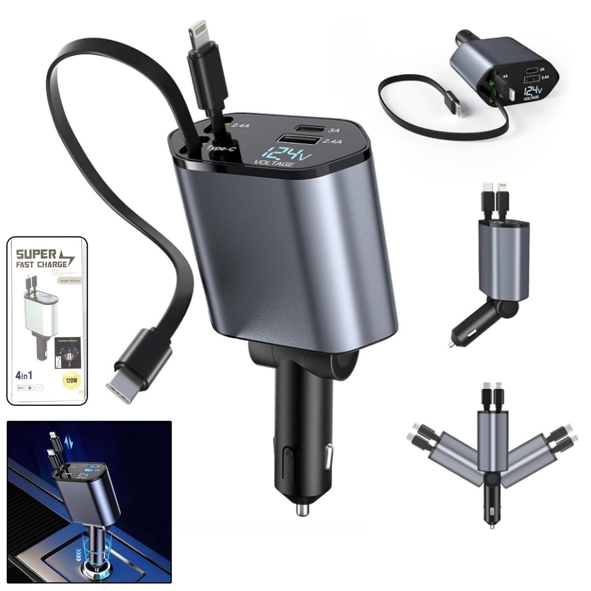 4-in-1 car charger with dual built-in cables and USB ports for fast charging Main image