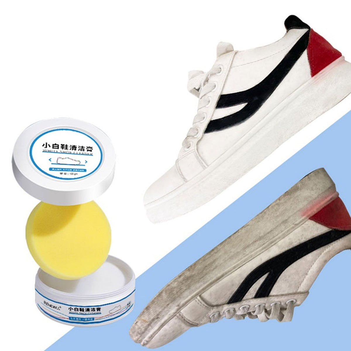 Velvet Wipe Shoe Stain Remover cream tub with sponge, actively cleaning a white sneaker. Main image