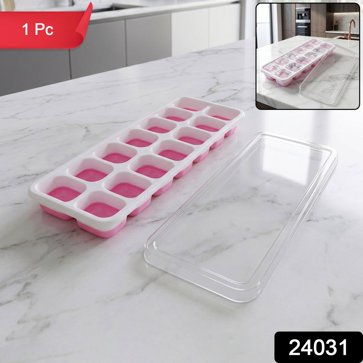 Pink 14-grid plastic ice cube tray with lid for freezer Main image