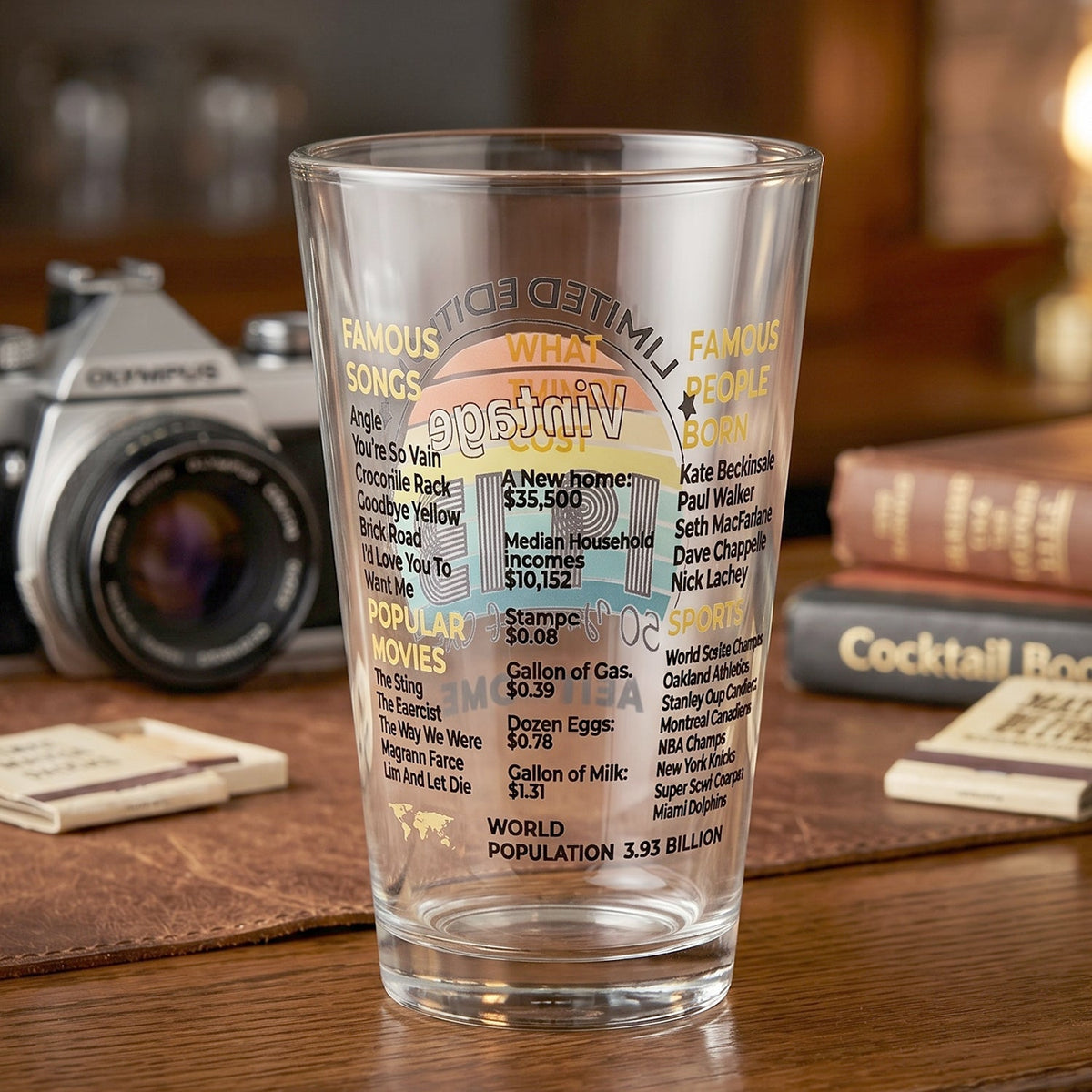 Printed vintage trivia glass tumbler with colorful print detail Main image