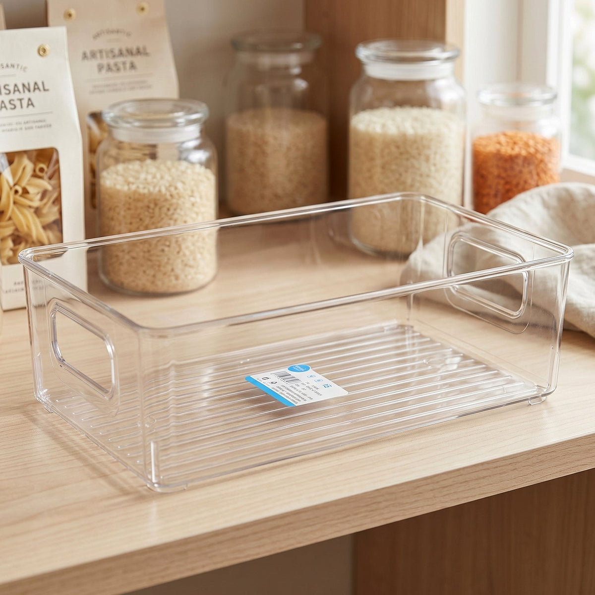Transparent plastic storage box with handle for kitchen organization Main image
