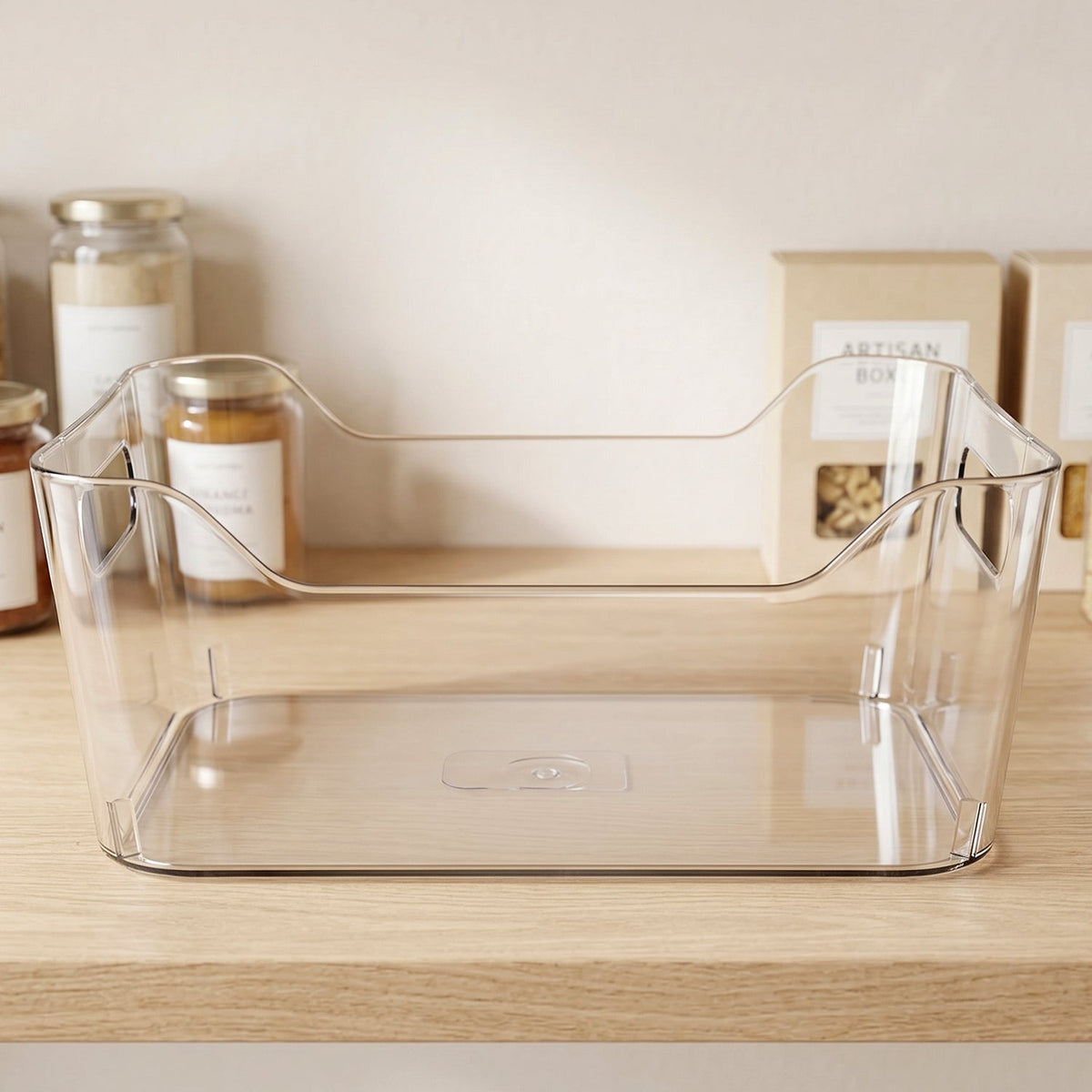 Transparent plastic storage box with handle for fridge and pantry organization Main image