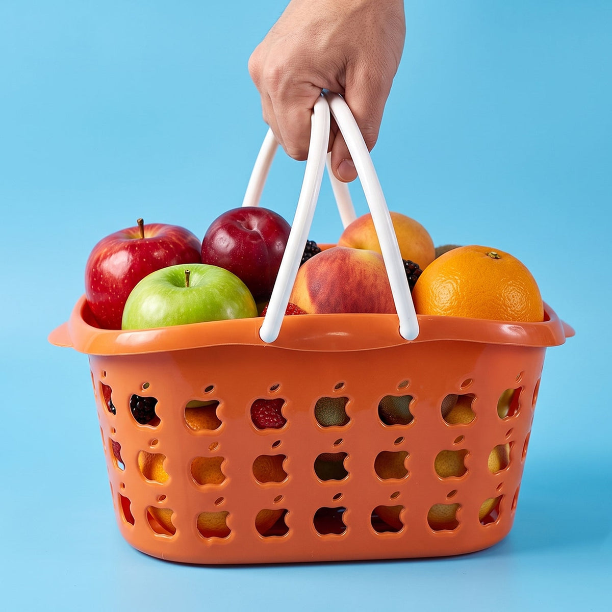 Plastic storage basket with handle featuring apple cutout design Main image