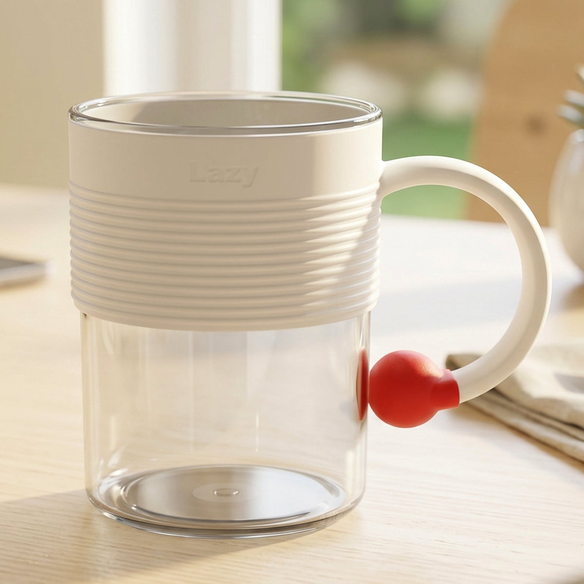 Transparent plastic coffee mug with a ring handle and red accent. Main image
