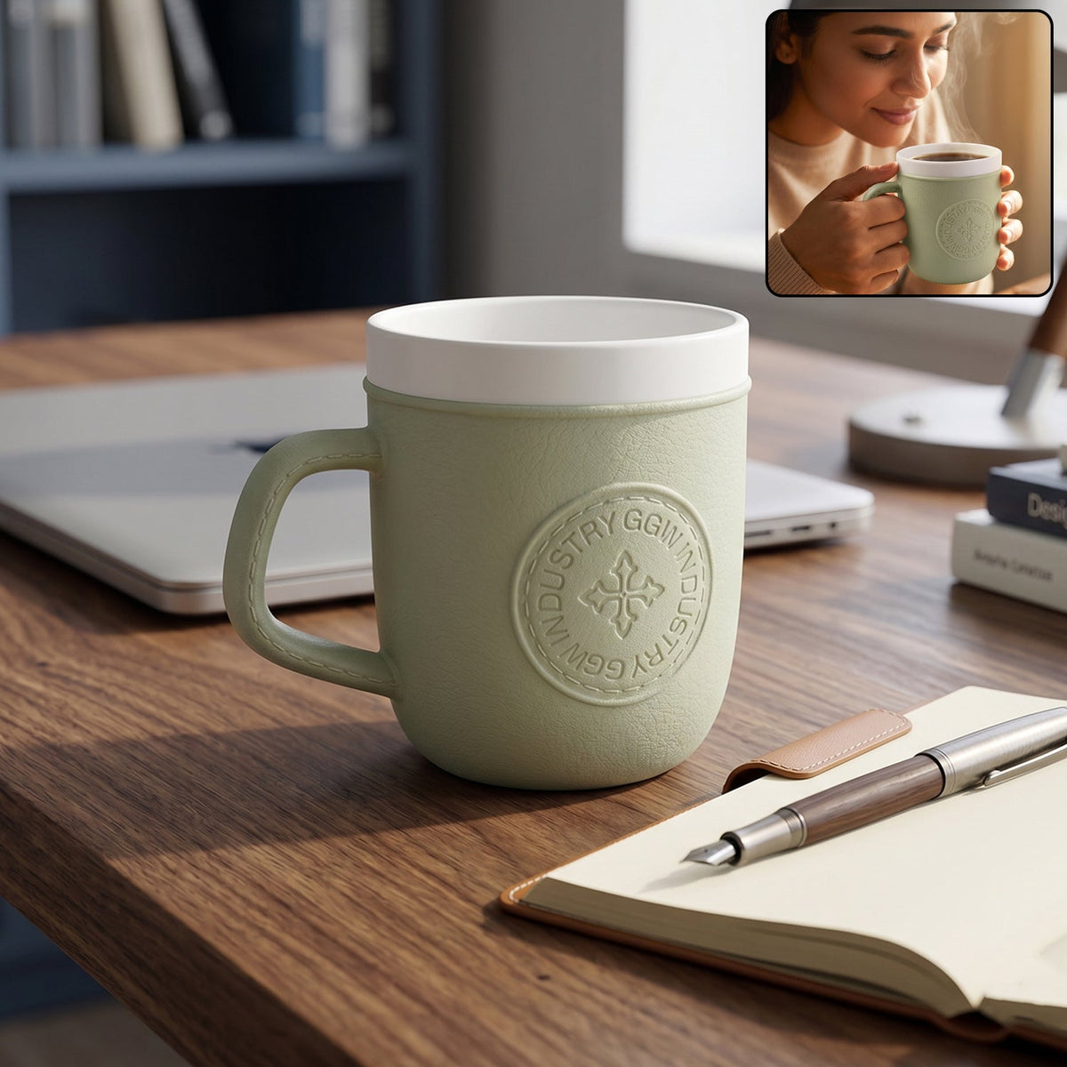 Leather-textured plastic coffee mug with handle for hot and cold beverages Main image