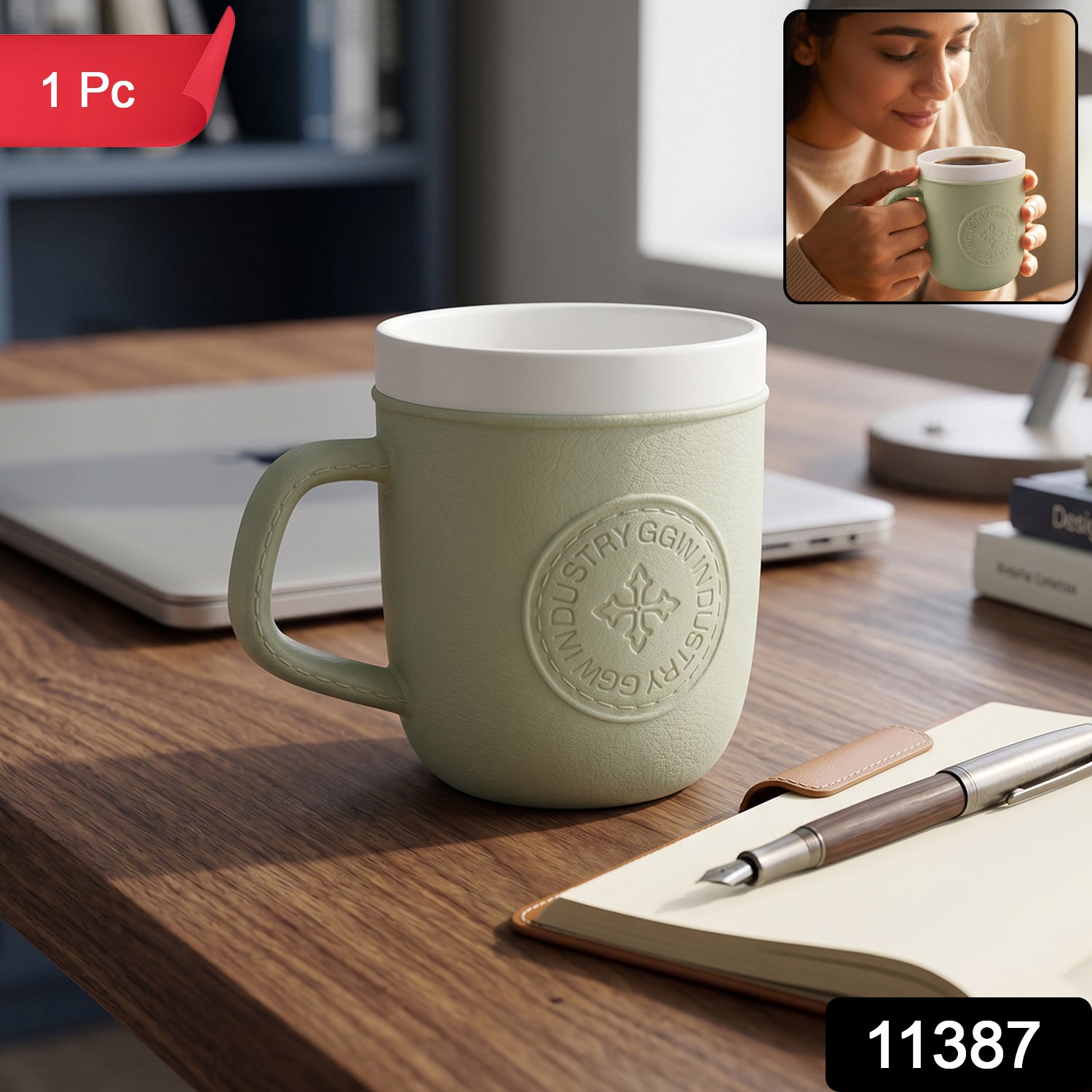 Plastic Coffee Mug with Handle – Leather-Textured Reusable Cup Secondary image