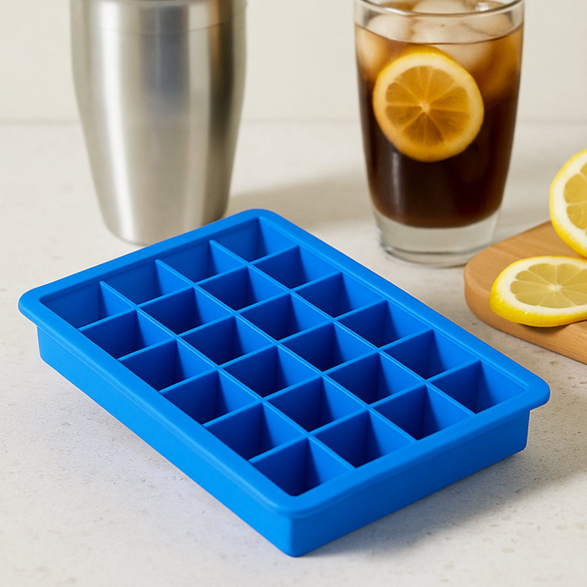 Multicolor silicone ice cube tray with 24 flexible cavities. Main image