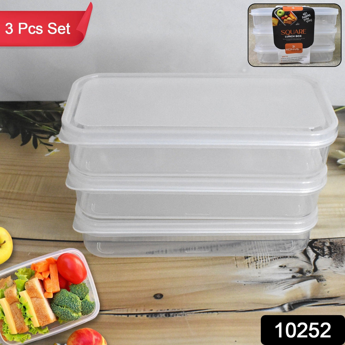 Konvex 3-piece plastic lunch box set with secure lids, perfect for meal prep. Main image