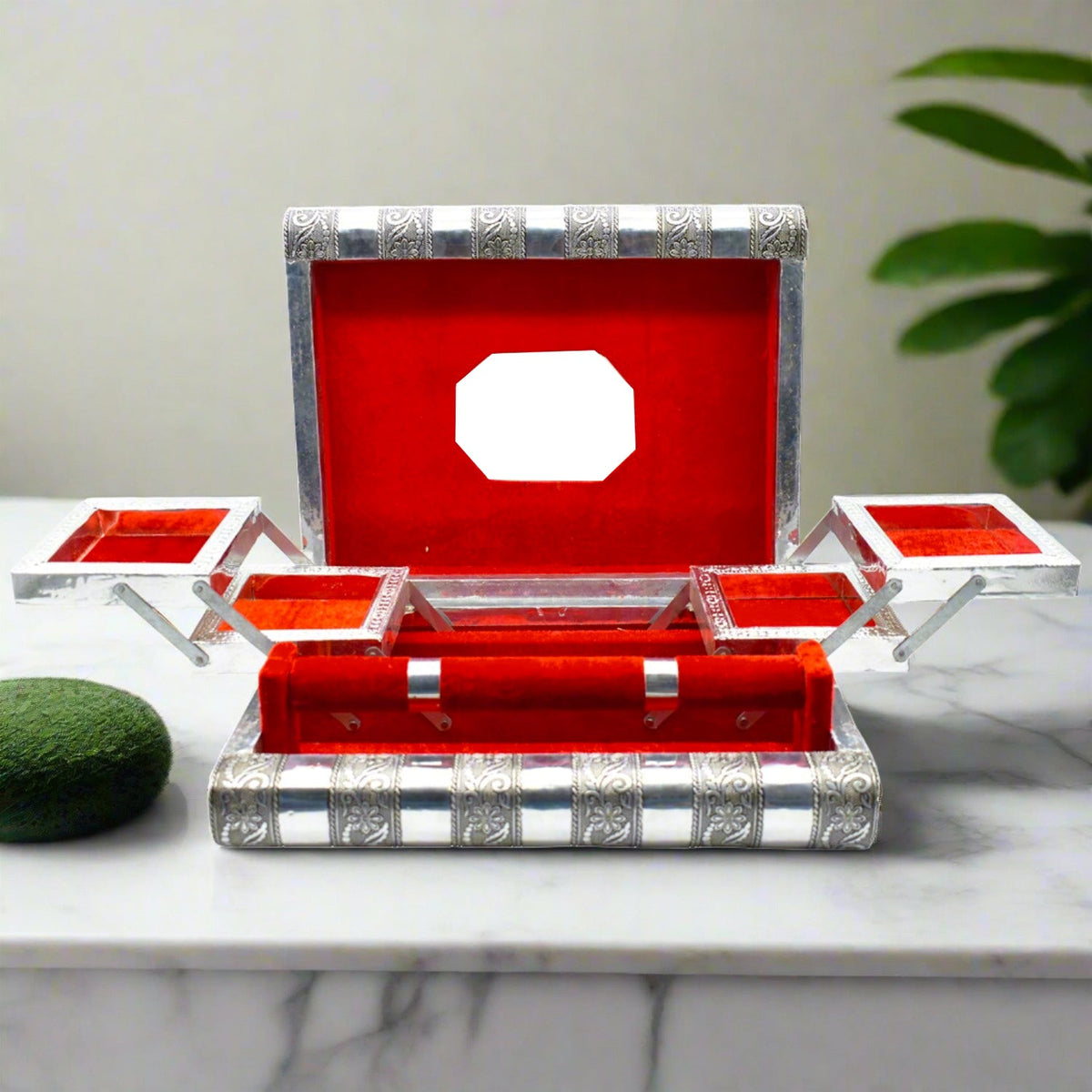 Handmade oxidised wooden jewellery organizer with mirror and bangle storage. Main image