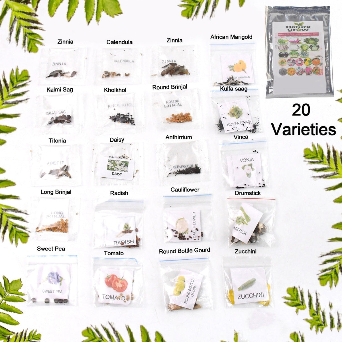 Close-up of vegetable and flower seeds mix from the 20 varieties combo for home gardening. Main image