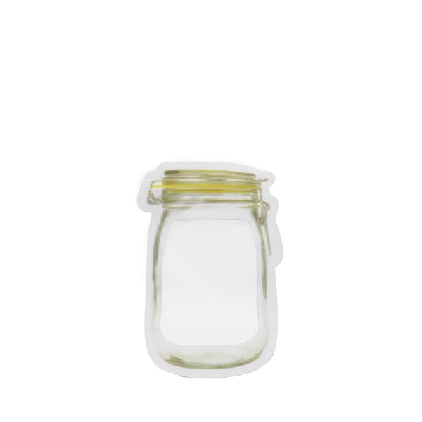 Airtight plastic snack bag, 150ml, standing upright and ready for use.
