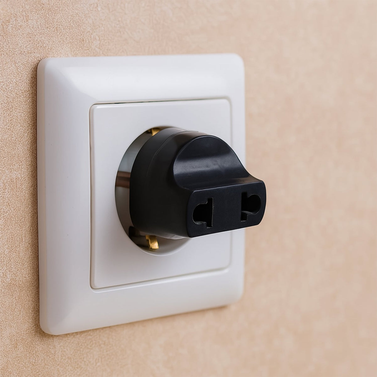 2 Pin Plug Adapter for universal to Indian sockets, shown in its color box packaging. Main image