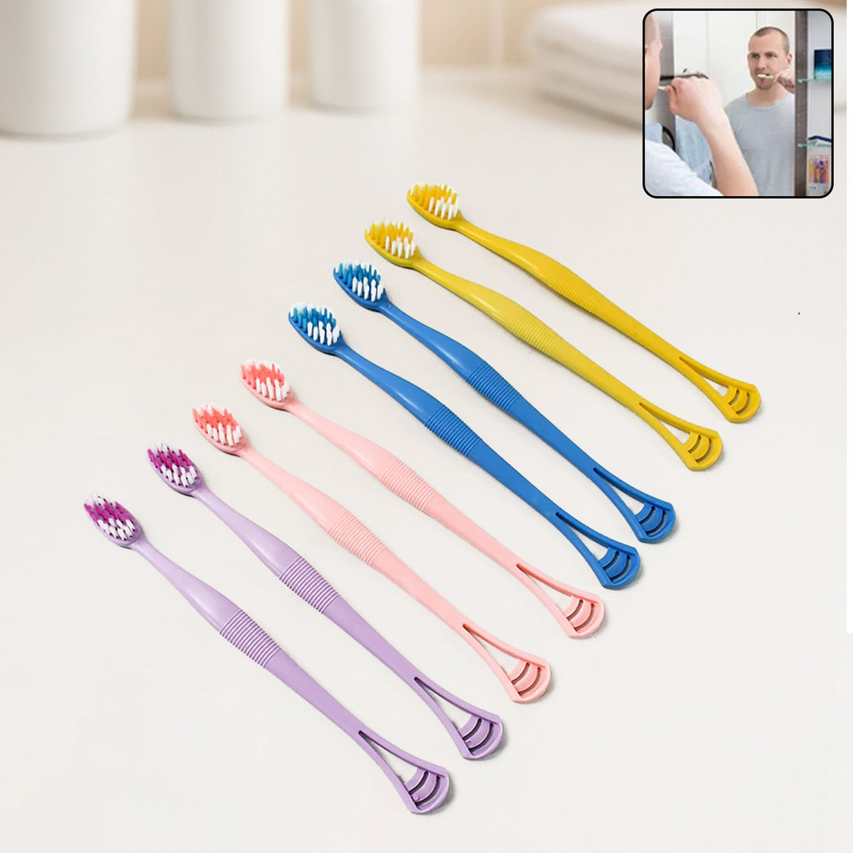 2-in-1 Toothbrush Tongue Scraper set with soft bristles and ergonomic handle. Main image