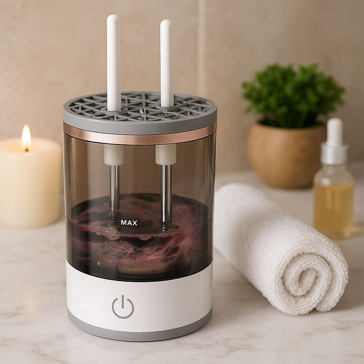 Automatic Makeup Brush Cleaner with multiple brush collars on display. Main image