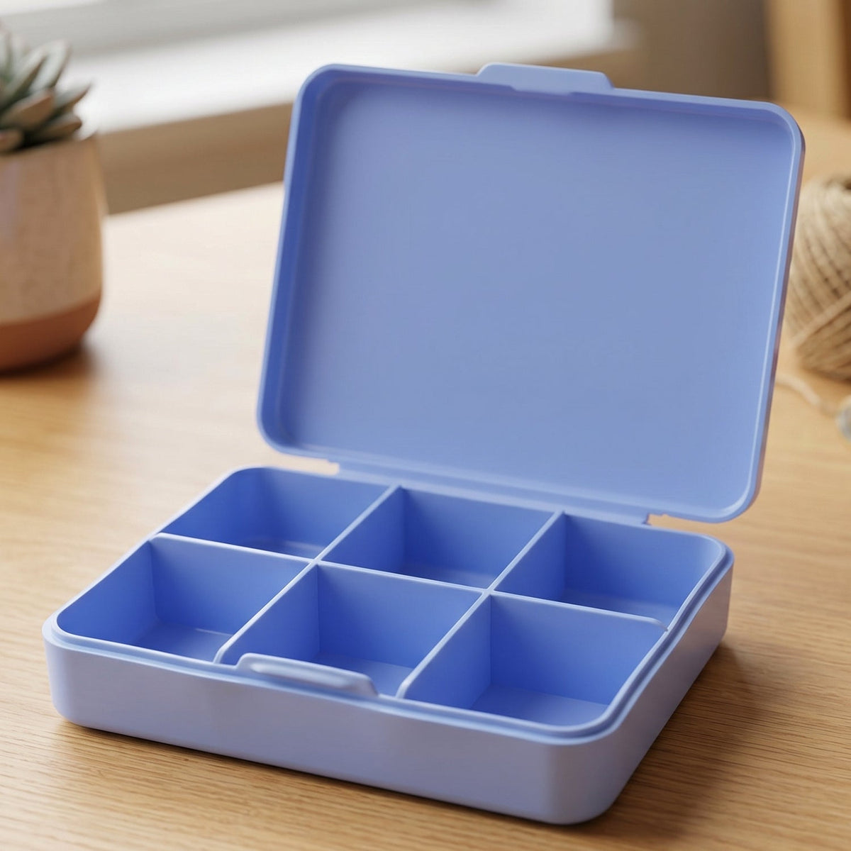 Portable 6 compartment plastic pill organizer box for daily medication management. Main image