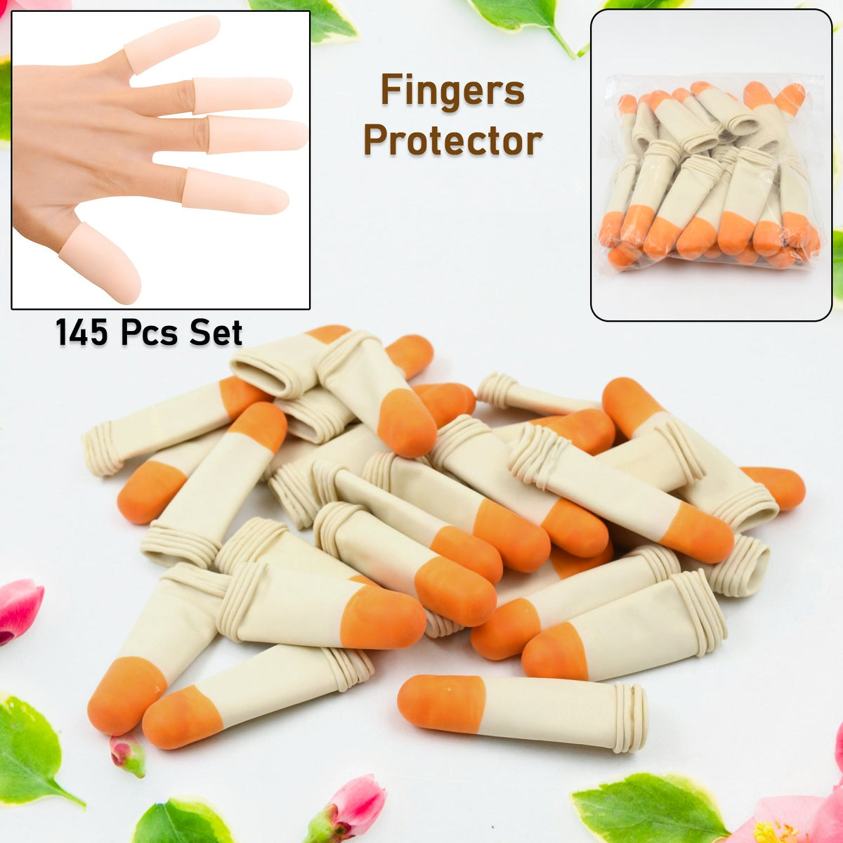 Set of 145 silicone finger caps for comprehensive pain relief and protection. Main image