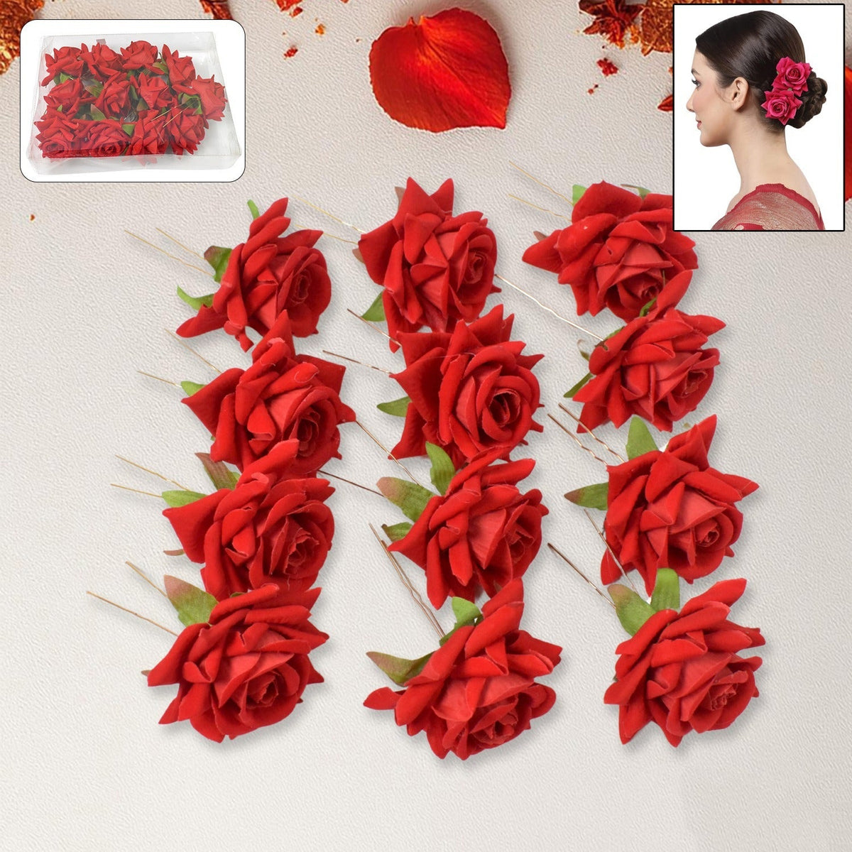 Red rose hair clips in a 12-piece set, displayed beautifully for styling. Main image