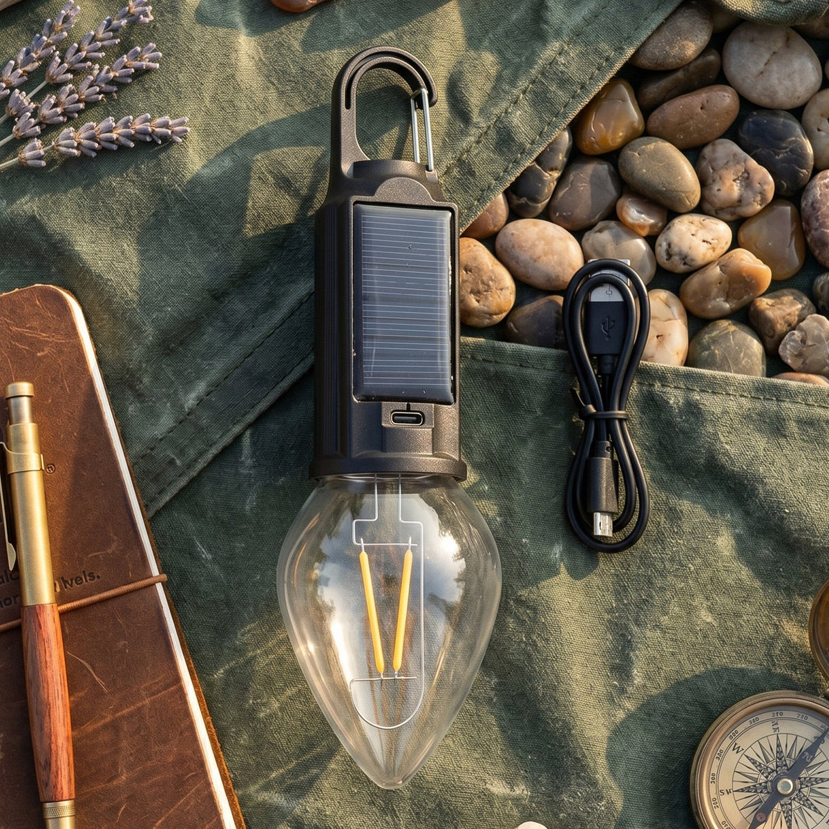 Solar & USB-C rechargeable camping lantern with warm LED for outdoor use Main image