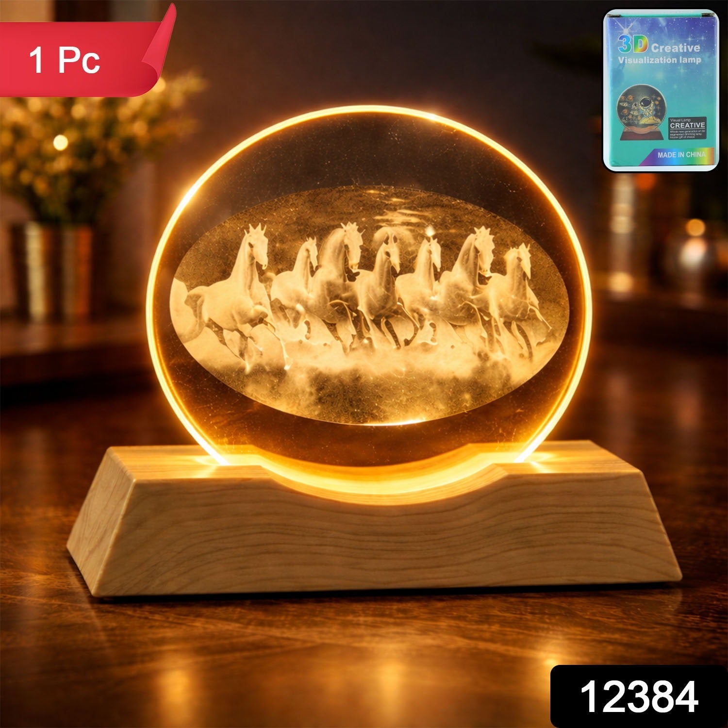 3D Crystal LED Table Lamp – Running Horses on Wooden Base Secondary image