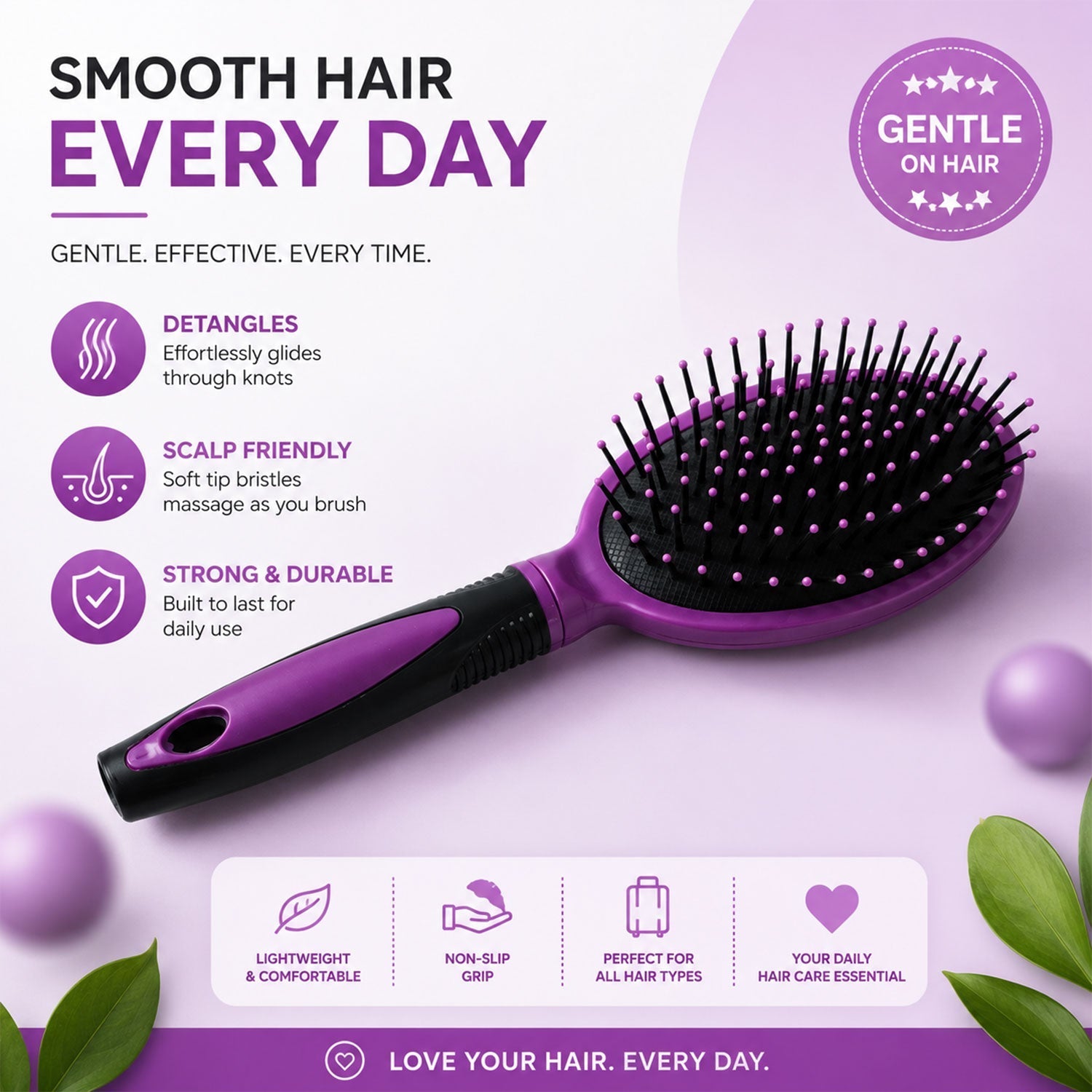 Cushioned Paddle Hair Brush – Detangling & Frizz Control for All Hair Secondary image