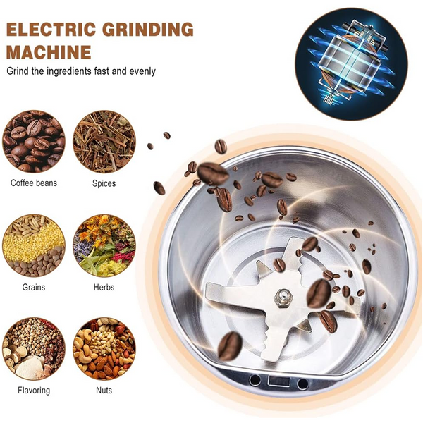 Close-up of the powerful stainless steel blades of the mini coffee grinder blender.