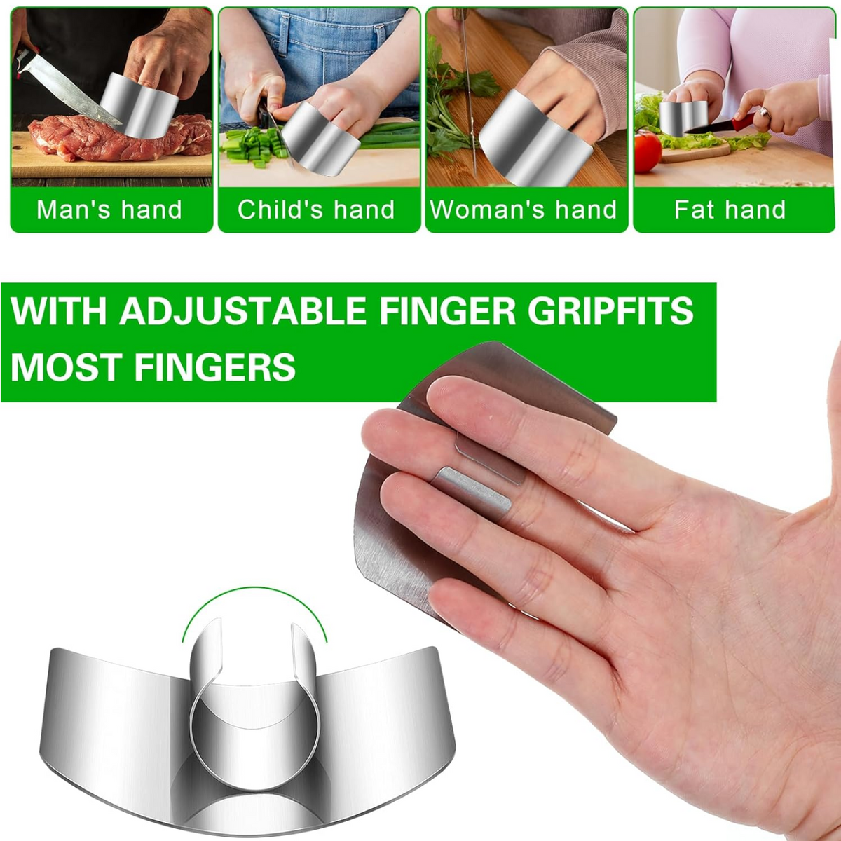 Diagram illustrating how to correctly wear the stainless steel finger guard for safe chopping. Main image