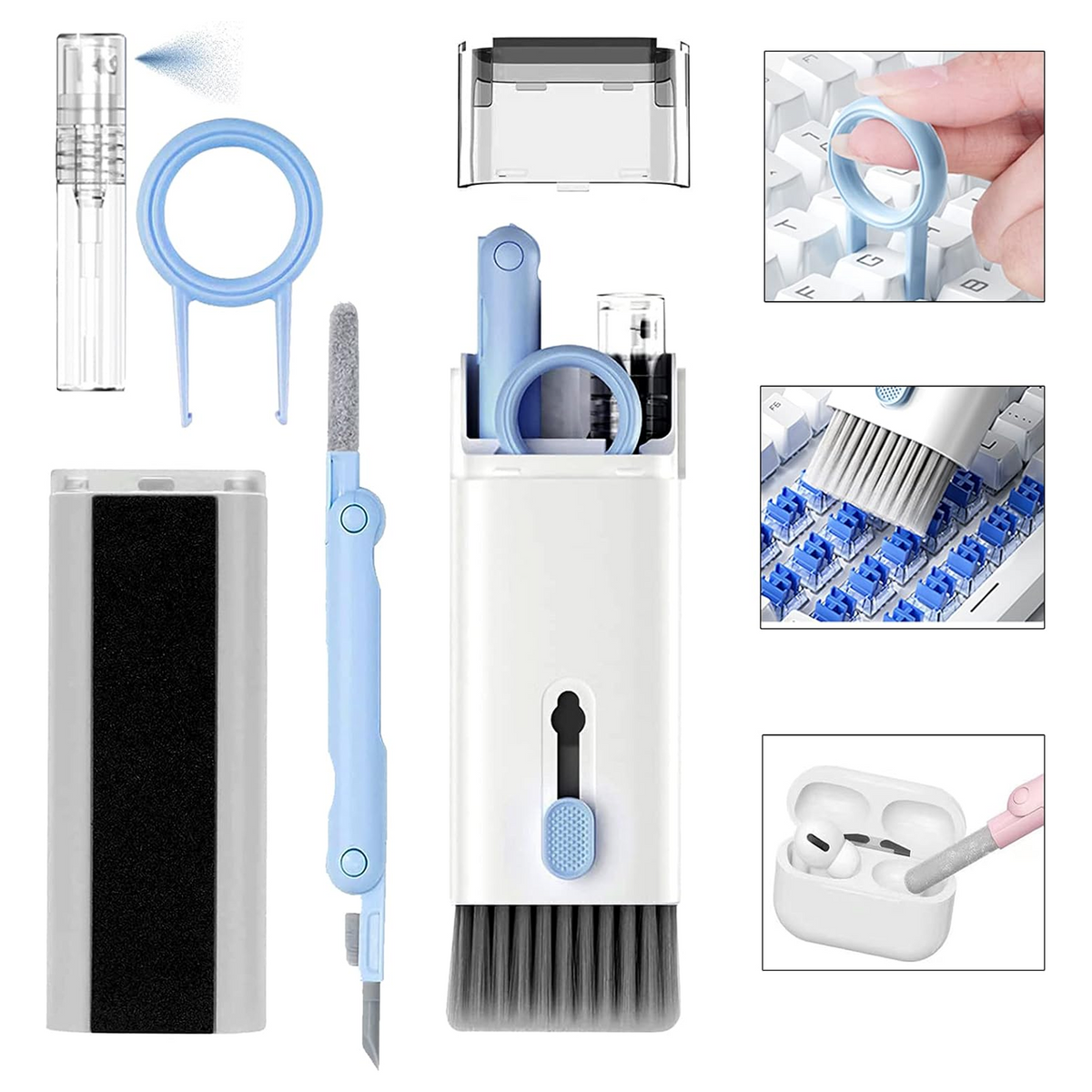 Dustiva 7-in-1 Electronic Cleaner Kit with all tools displayed neatly for gadget maintenance. Main image