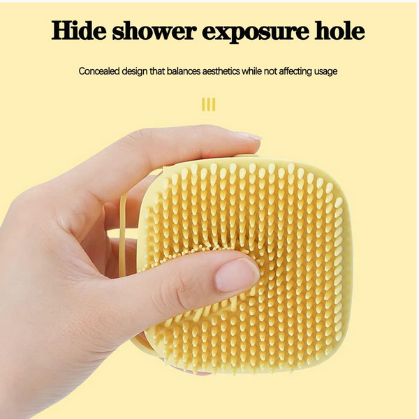 Side profile of the durable silicone bath brush with integrated shampoo reservoir.