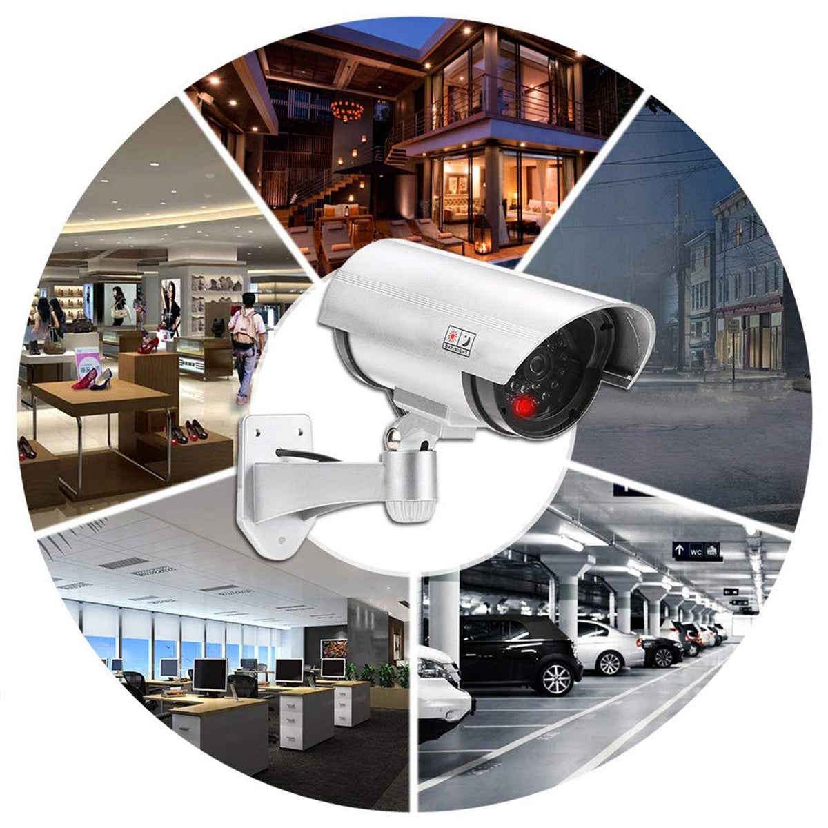 Realistic dummy security camera with a flashing red LED, mounted for outdoor home protection. Main image
