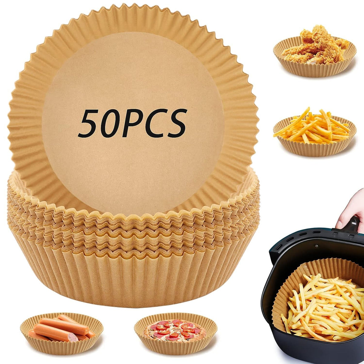 Set of 50 round disposable air fryer liners, neatly stacked for kitchen use. Main image