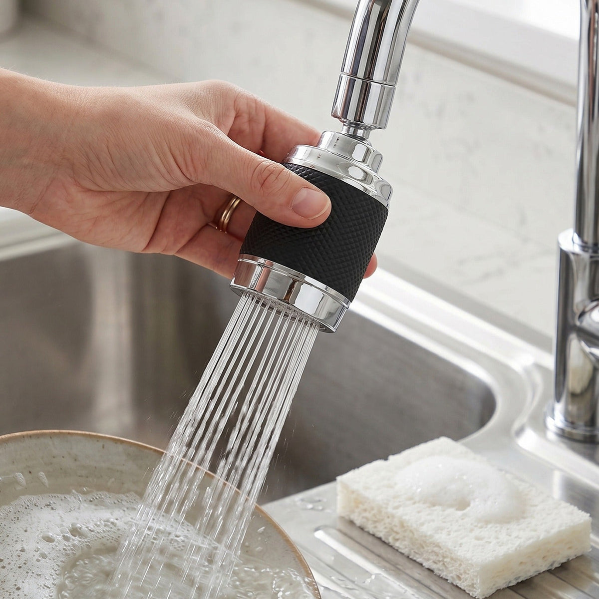 Faucet sprayer attached to kitchen sink for versatile cleaning Main image