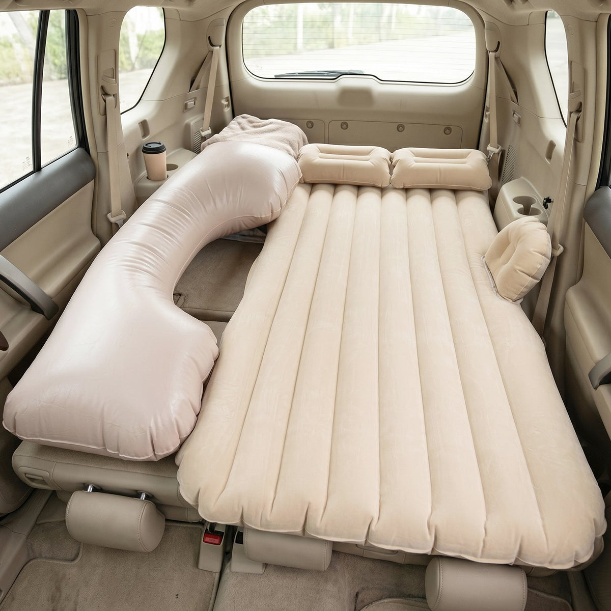 Main view of portable beige car air mattress set for travel and camping Main image