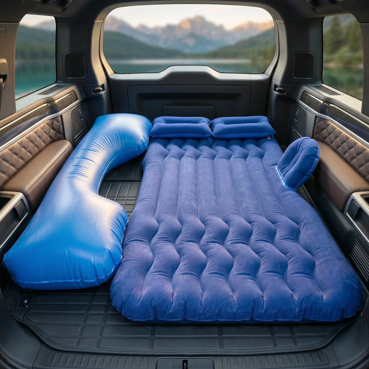 Main view of blue portable car air mattress set in SUV Main image