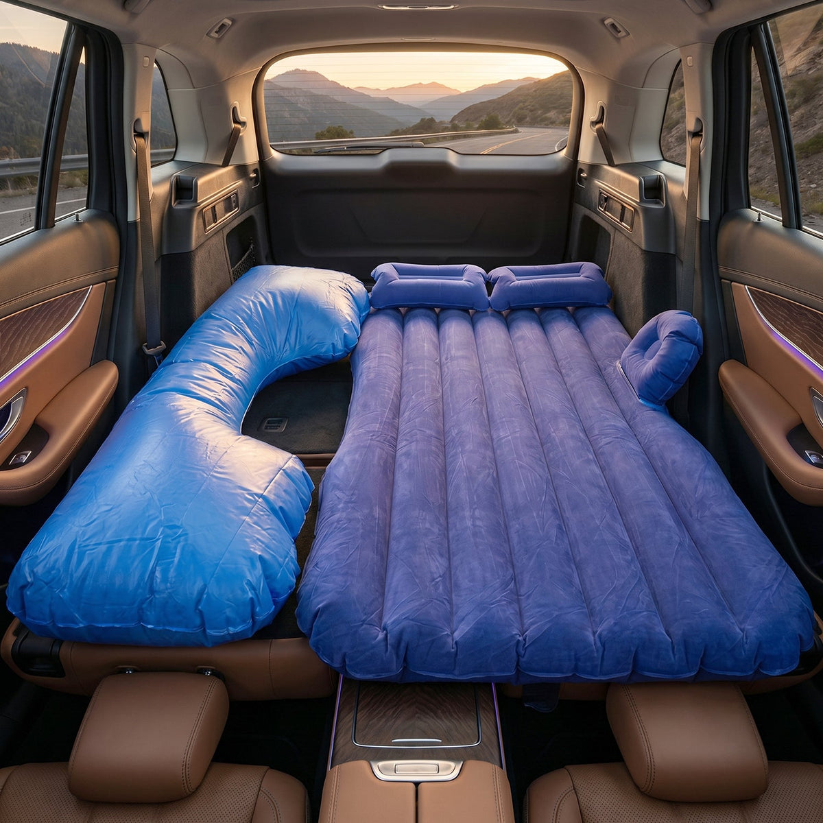 Main view of Portable Car Air Mattress Bed Set in blue showing its setup Main image