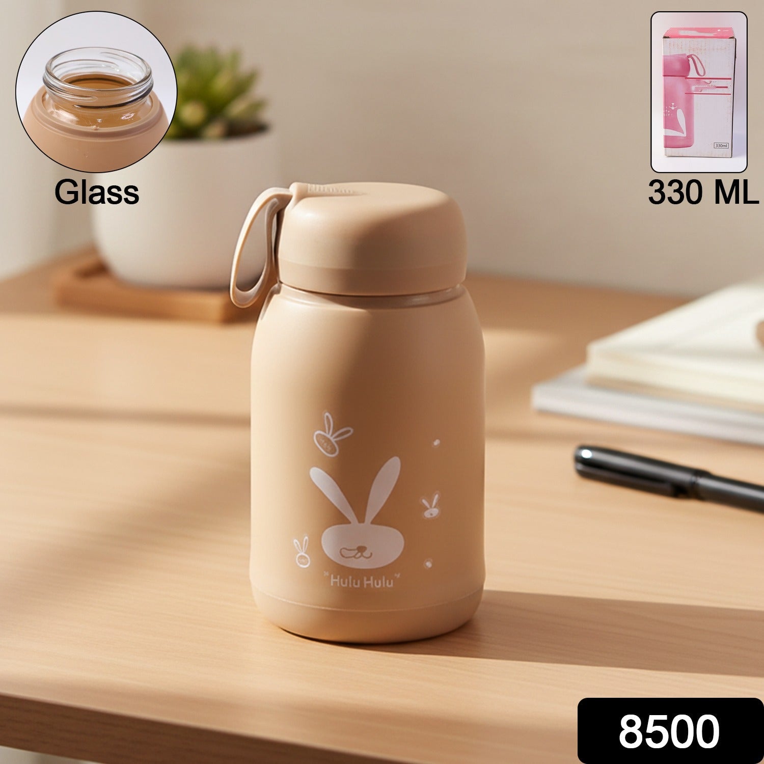 Bunny Print Glass Water Bottle – 330ML Leak-Resistant Secondary image