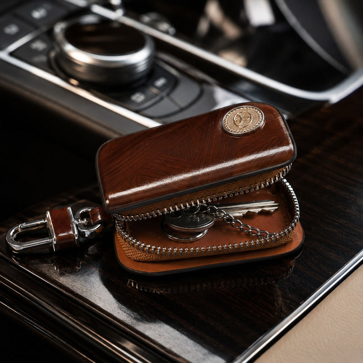 Brown leather car key case holder with zipper and clip Main image