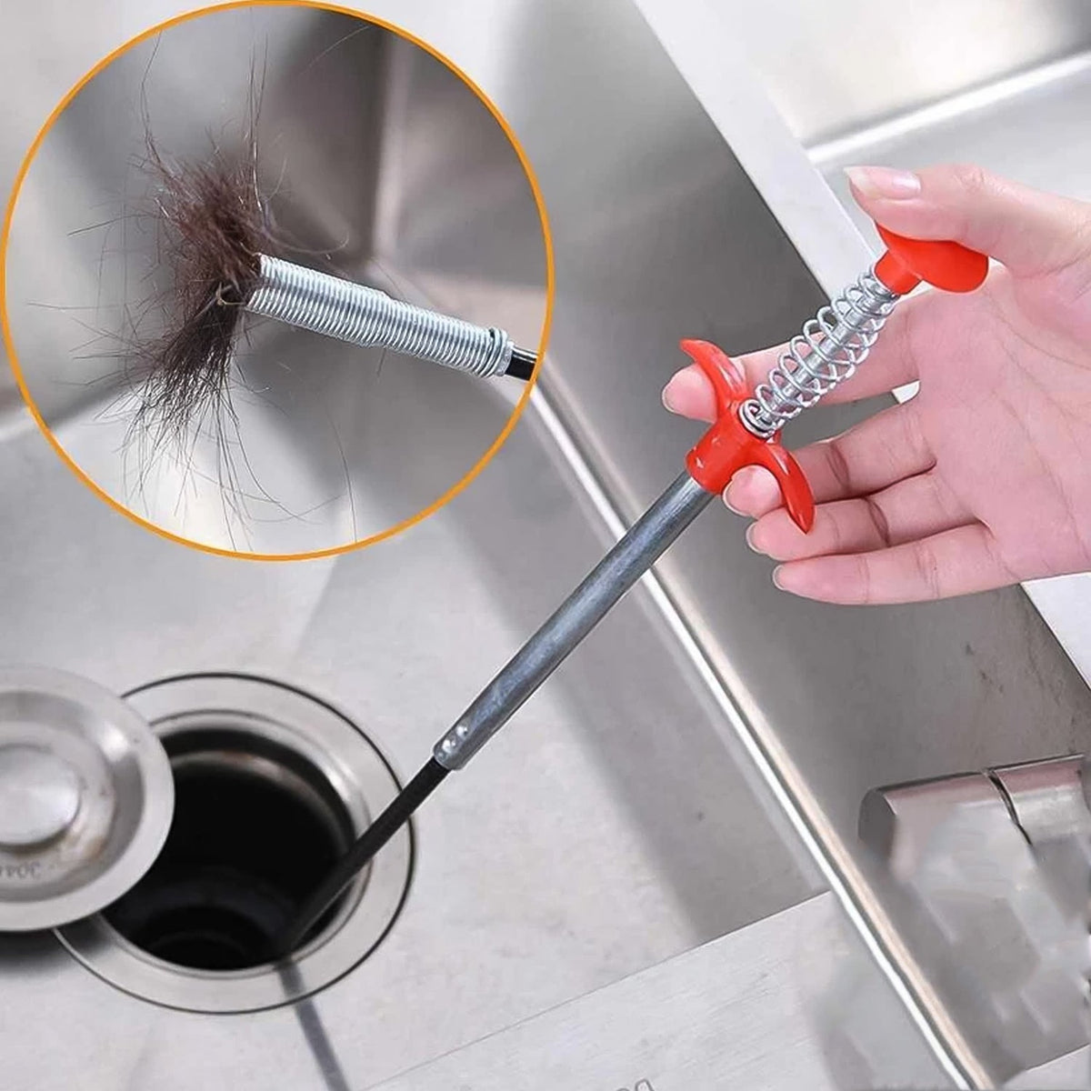 A 60cm flexible sink cleaning hook with a red handle, designed to clear blocked drains. Main image