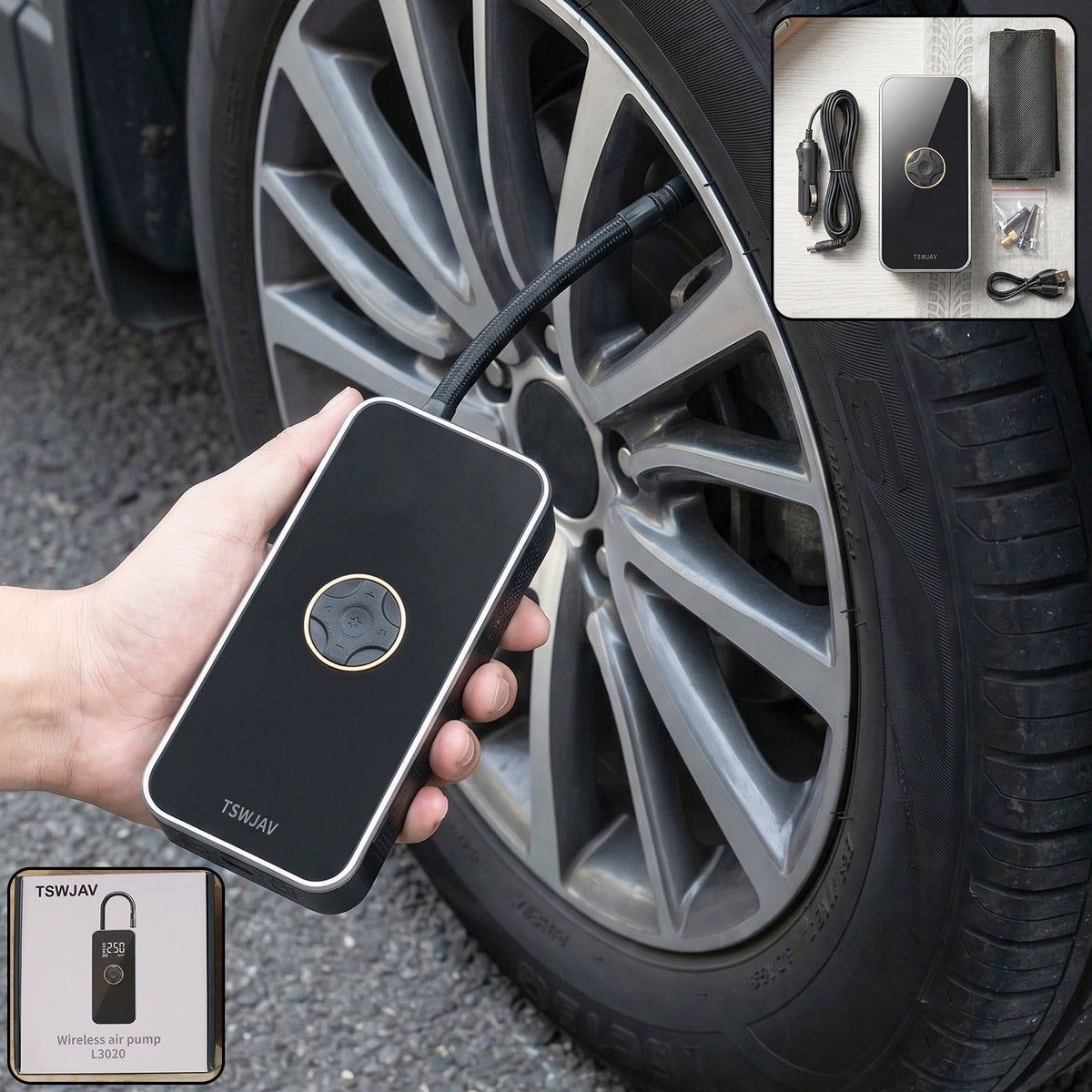 Wireless rechargeable tyre air pump with digital display for cars and bicycles Main image