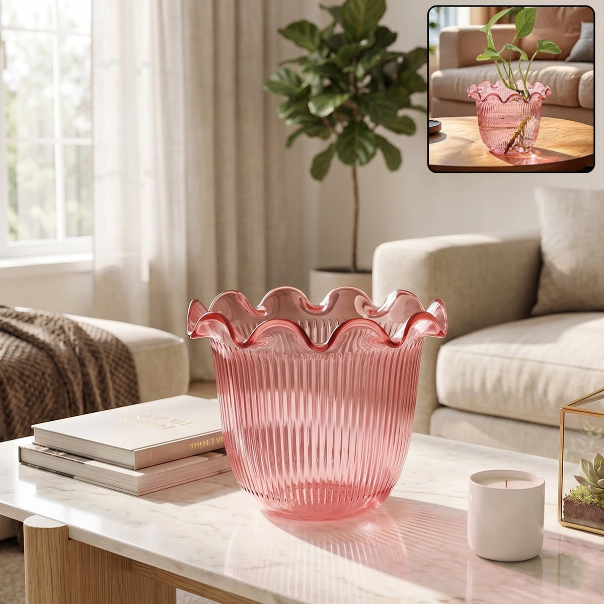 Decorative ruffled flower pot planter with scalloped rim Main image