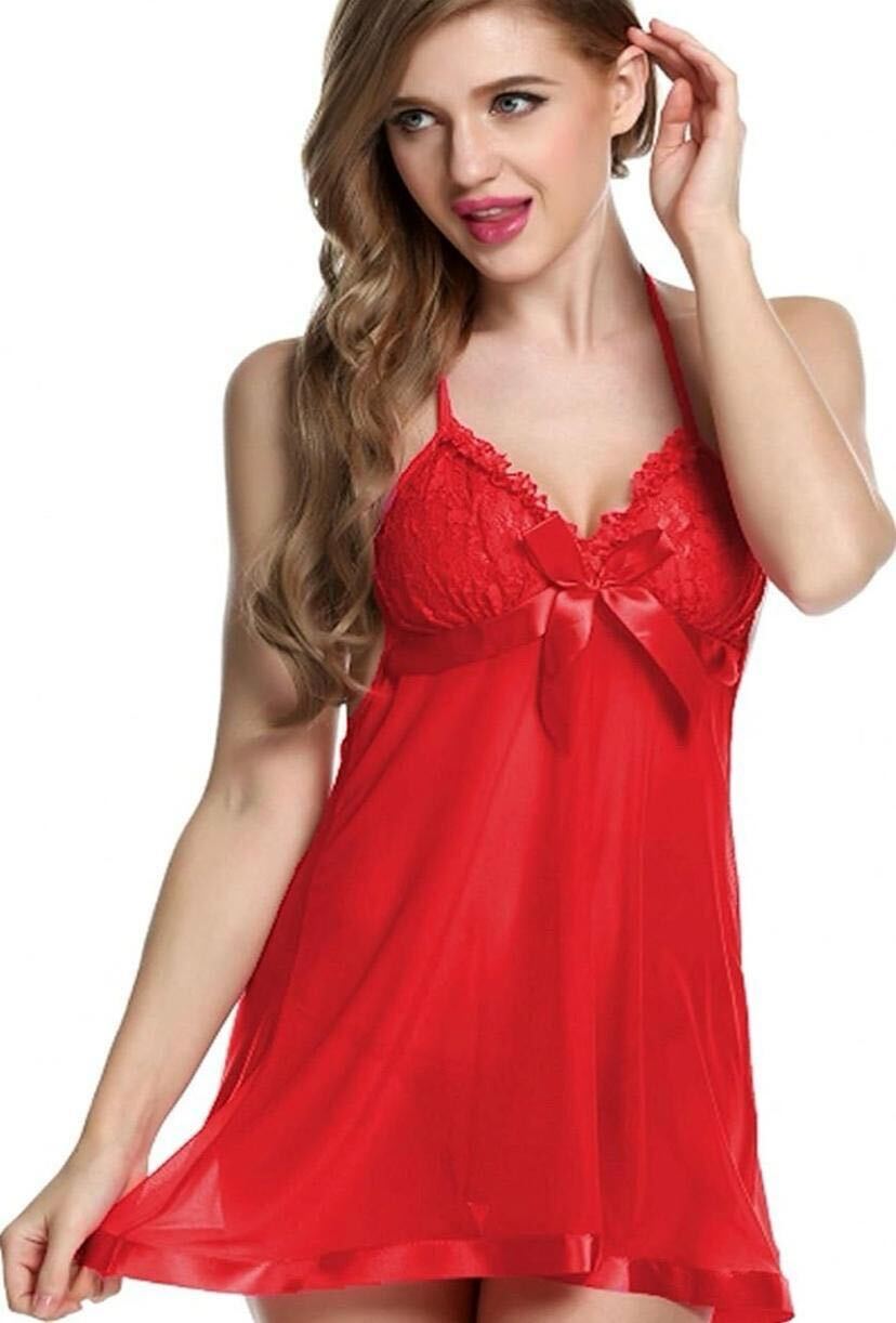 Romance in Maroon Nighty - Premium Satin Material (Maroon, Free Size) Main image