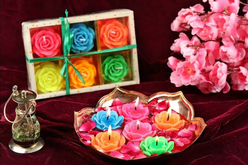 Diwali Diya Decoration Floating Smokeless Dripless Long Lasting Wax Flower 6 Pcs Main image