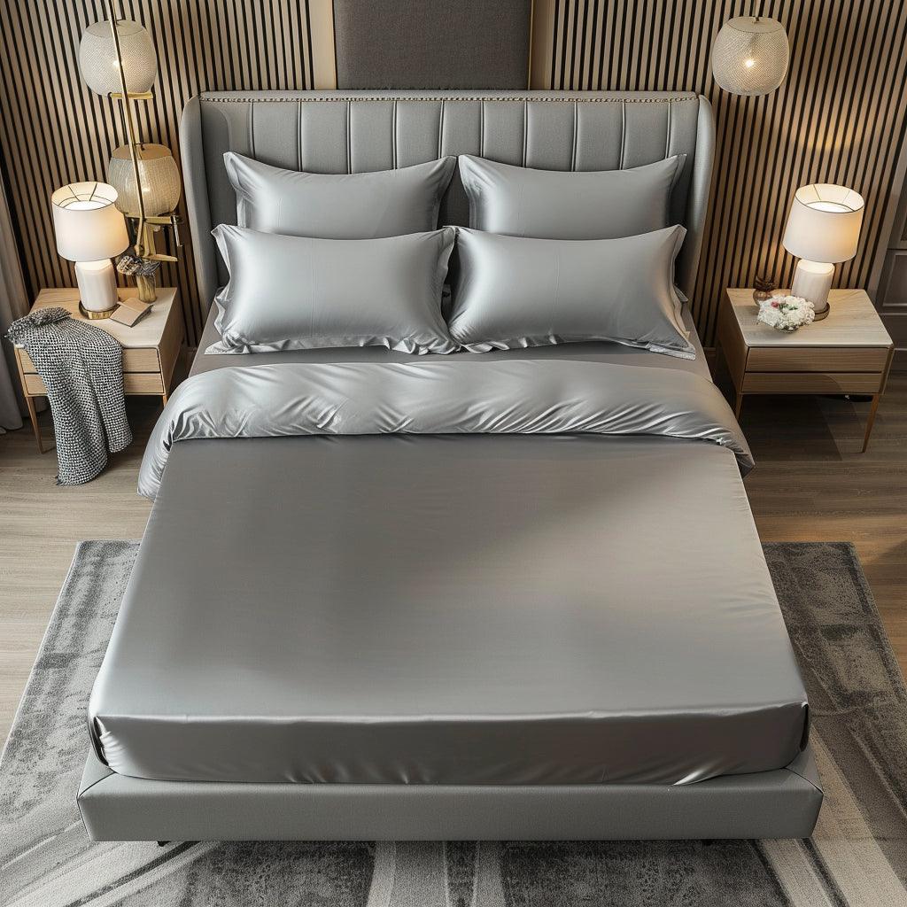 Grey Premium Satin Elastic Fitted Sheets with 2 Pillow Covers Main image