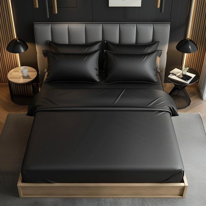 Black Premium Satin Elastic Fitted Sheets with 2 Pillow Covers Main image