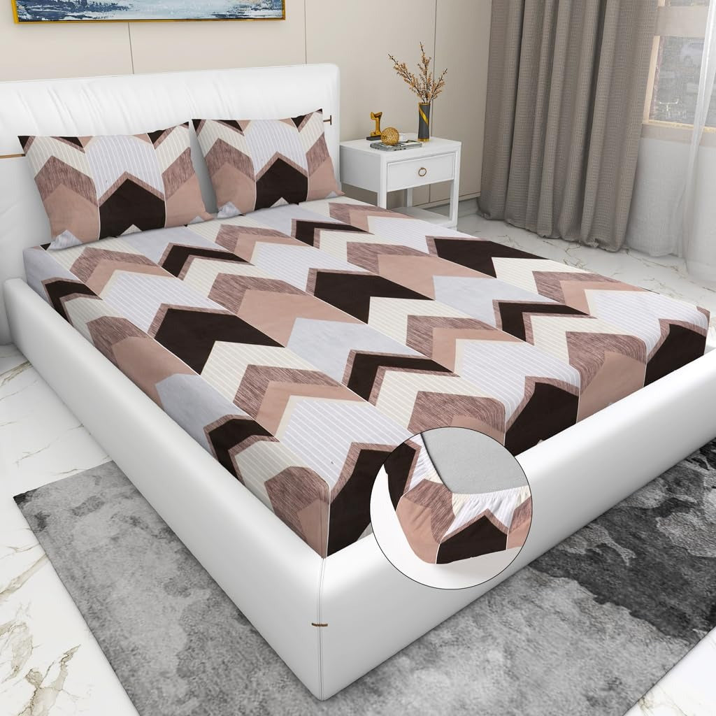 White -Grey -Black Cotton Elastic 160 TC King Bedsheet with 2 Pillow Covers Main image